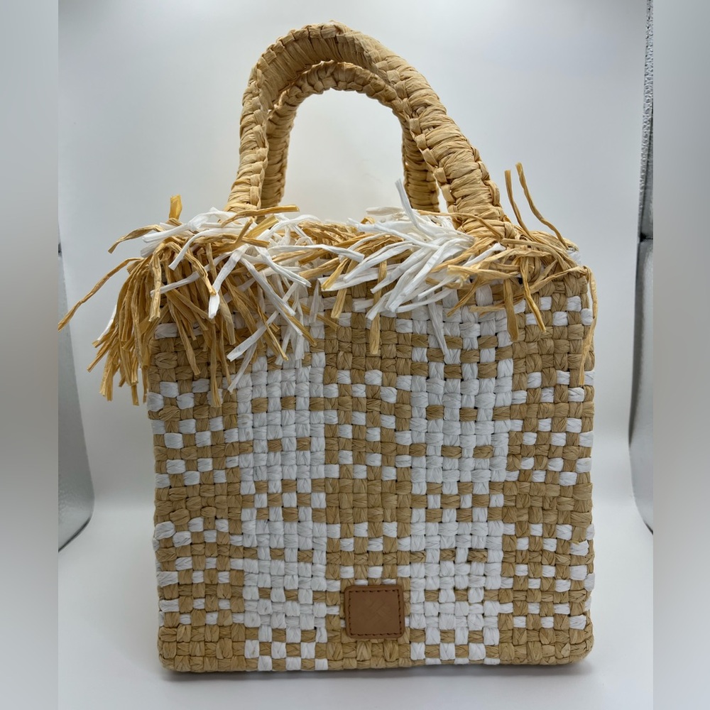 Woven Tan and White Tote Bag